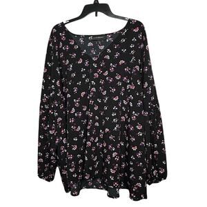 Lane Bryant Black Floral Core V Neckline Long Sleeve Top Blouse Size 28 Plus